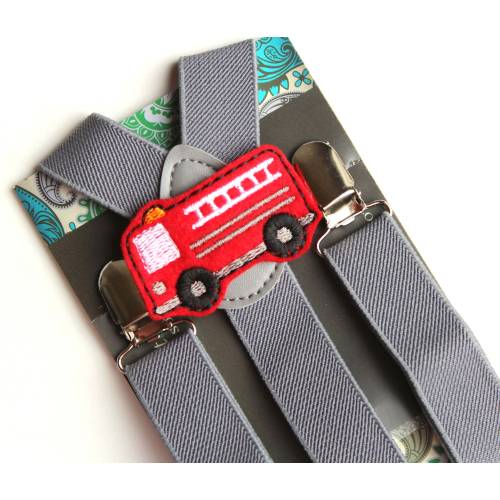 Kids Fire Engine Suspenders, Firetruck, Grey Suspenders, Boys Suspenders, Baby, Toddler Suspenders, Childrens Photo Prop, Wedding, Birthday