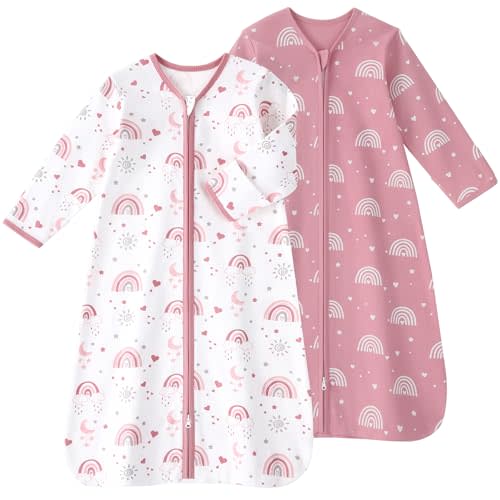 Baby Sleep Sack 6-12 Months, Long Sleeve Baby Wearable Blanket 0.5 Tog with Mittens, 2-Way Zipper Infant Cotton Sleeping Sack for Boy and Girl Pink Rainbow 2 Pack (Medium)