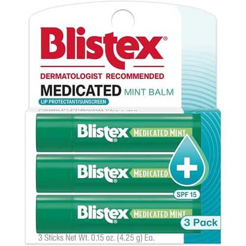 Blistex Medicated Mint Lip Balm SPF 15, 24 Hr Moisture, 0.15 oz, 3 Count