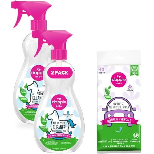 Dapple Baby All Purpose Cleaning Spray and All Purpose Wipes - (2 Pack) 16.9 fl oz Bottle - 30 Cleaning Wipes Total - Fragrance-Free, Hypoallergenic & Plant-Powered - Baby Essentials