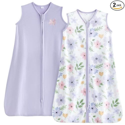 TILLYOU 2 Pack Baby Sleep Sack 6-12 Months 100% Cotton Wearable Blanket 0.5 TOG Sleeveless Summer Sleep Sacks with 2-Way Zipper, Brilliant Little Flowers and Purple