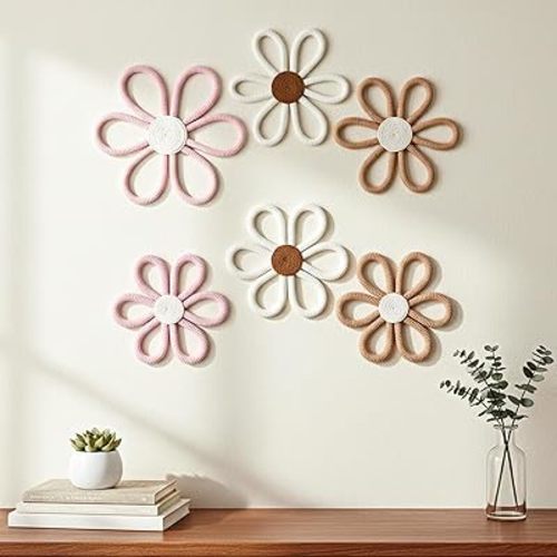 Oqqlin 6 Pcs Woven Daisy Wall Decor, 3 Size Boho Daisy Flowers Boho Floral Nursery Decor for Home Decoration, Dorm, Bedroom (White, Pink, Brown)