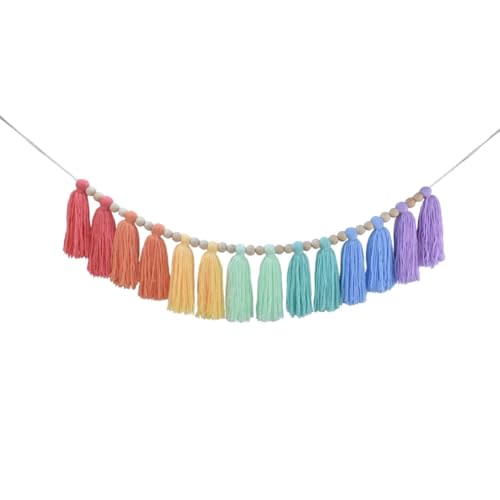DrCor Rainbow Boho Tassel Garland – Handmade Colorful Yarn Fringe Banner with Wooden Beads for Nursery, Kids Room or Playroom, Baby Shower, Birthday Party Decoration, Boho Mantel, Photography Backdrop