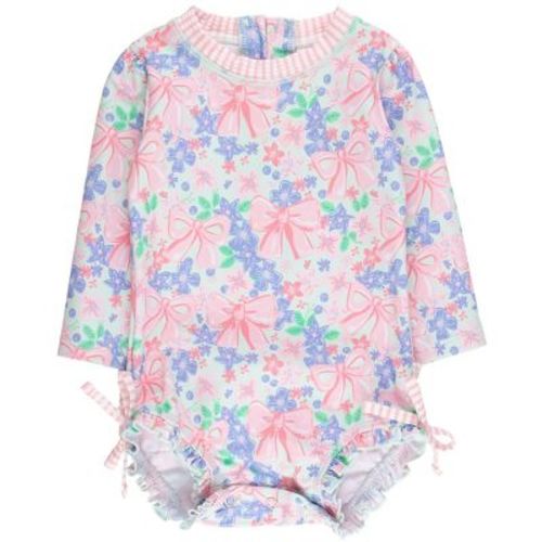 RuffleButts Baby Girls UPF50+ Sun Protected Floral Long Sleeve One Piece Rash Guard - Bow Blooms, 0-3m