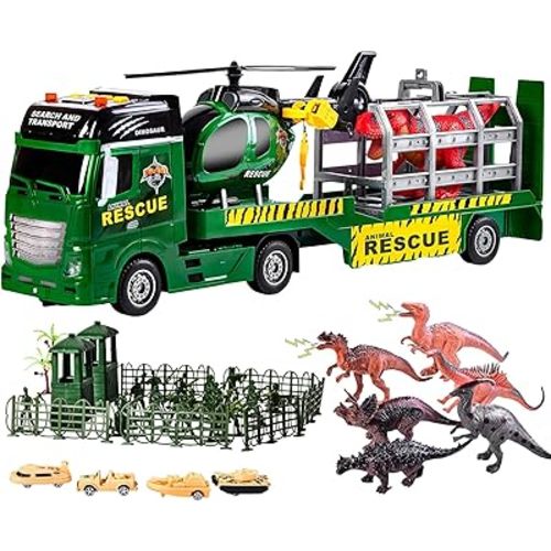 103 PCS Dinosaur Truck Vehicle Toy Set, 25.6" Big Semi Truck Toy,Truck Toys Set with Dinosaur,Helicopter,Soldier, Truck in Carrier Truck, Dinosaur Park Toy Chritsmas Gift for 3+ Year Old Boys and Kids