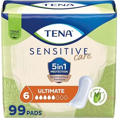 TENA Incontinence Pads, Bladder Control & Postpartum for Women, Ultimate Absorbency, Aloe and Vitamin E, Sensitive Care - 99 Count