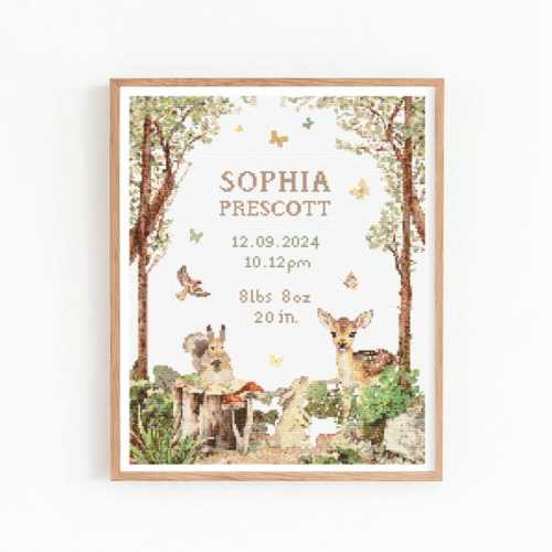 Woodland Baby Birth Announcement Cross Stitch Pattern, Customizable Birth Record Embroidery PDF, Modern Girl Boy Animal Nursery Decor Gift - Etsy