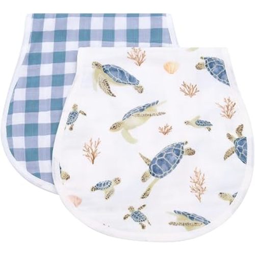 LifeTree Muslin Baby Burp Cloths - 2 Pack 70% Viscose from Bamboo and 30% Cotton Large 22'' by 10.6'' Absorbent Milk Spit Up Rags - Burping Cloths for Newborn, Girls Boys, Sea Turtle & Blue Checkered