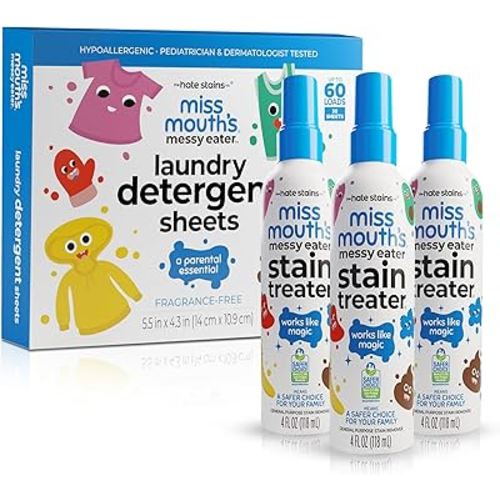 Miss Mouth’s Messy Eater Stain Treater Stain & Suds Duo Pack - 3 Pack Spray and 30 Pack Detergent Sheet bundle - Newborn & Baby Essentials - Food, Grease, Coffee Off Laundry, Underwear, Fabric