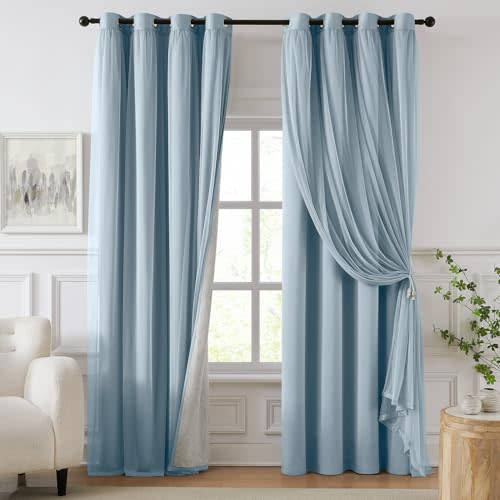 Swandream 100% Blackout Curtains for Bedroom, Double Layer Blue 84" L | Total Black Out Curtains, Thermal Insulated, Light Blocking, Room Darkening, Window Drapes, Dcor, 52"W x 84"L, 2 Panels