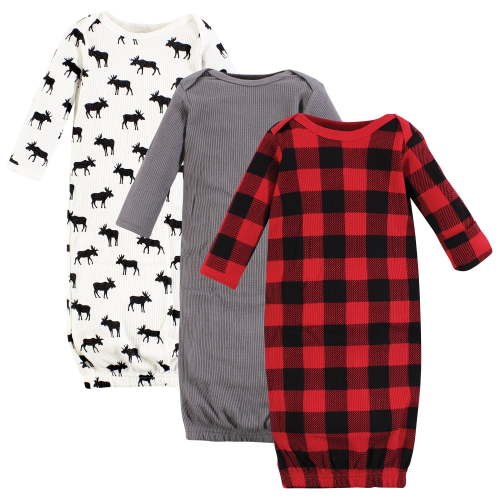 Hudson Baby Infant Boy Thermal Gown 3pk, Buffalo Plaid Moose, 0-6 Months