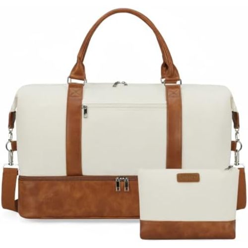 Oeihuivt Weekender Bags for Women - 21 Inch Large Travel Duffel Bag 2-Piece Set with Shoe Compartment, Heavy-Duty Canvas Leather Carry On Overnight Tote