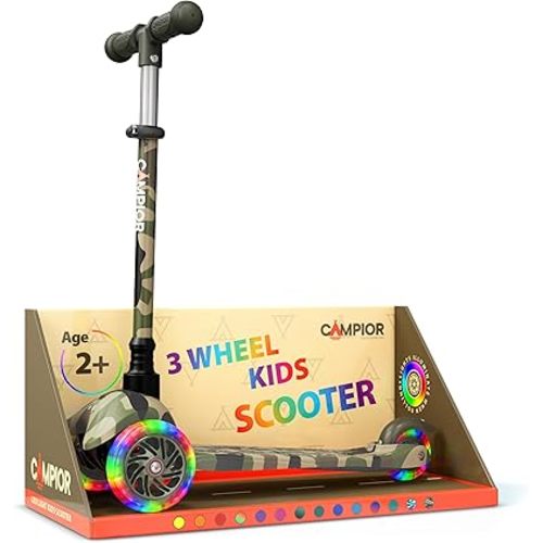 Camo Mini 3 Wheel Scooter for Kids – Lean-to-Steer with LED Light-Up Wheels, Adjustable Handlebar, Wide Anti-Slip Deck, Smooth PU Wheels, Rear Foot Brake – Toddler Scooter for Ages 2+