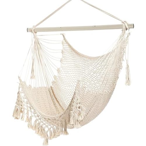 Hammock Chair，Max 330lbs, Large Hanging Chair, Soft Cotton Rope Swing Chair with High Load-Bearing Metal Rod,Indoor Outdoor Garden Yard Living Room Use Beige