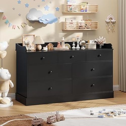 Vabches Kids Dresser Cabinet with 7 Drawers and Large Table Top, Multi-Functional Chest of Drawers, Baby Dresser, Kids Bedroom Furniture, Nightstand for Child’s Room, Black