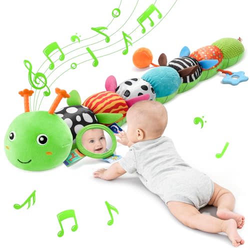 Baby Toys Sensory Musical Animal Stuffed Toy for Infant 0-3-6-12 Months Tummy Time Newborn, Plush Caterpillar with Mirror,Crinkle,Rattle Teething Toys for Baby Boys Girls Shower Gifts, Green