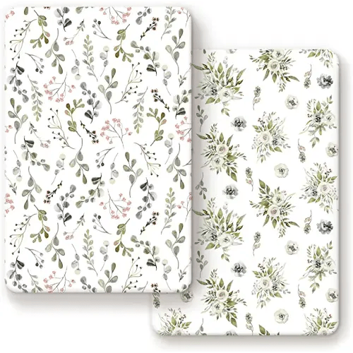 GRSSDER Stretchy Ultra Soft Jersey Knit Fitted Pack n Play Sheets Set 2 Pack, Portable Pack and Play/Mini Cribs Sheets,Stylish Watercolor Rose and Flora