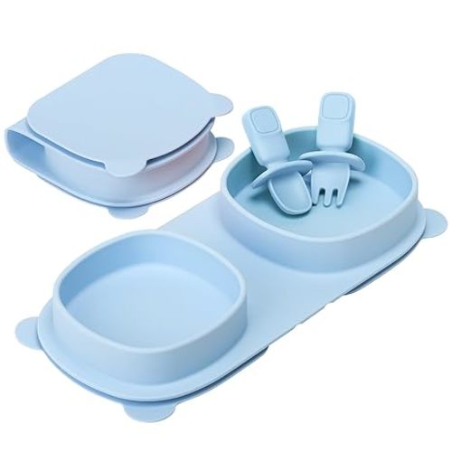 Silicone Foldable Novelty Dinner Plates,Suction Plates for Baby Travel Essential with Forks and Spoons,Microwave & Dishwasher Safe,Baby Blue