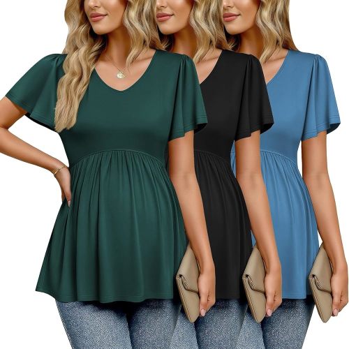 Ekouaer Maternity Shirts 3 Packs Flying Short Sleeve Maternity Tops V Neck T-Shirt Pregnancy Clothes S-XXL