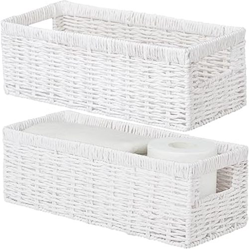Vagusicc Wicker Storage Basket, Paper Rope Wicker Baskets with Handles, Toilet Paper Basket for Toilet Tank Top, Small Wicke Baskets for Organizing Shelves, 2-Pack, White
