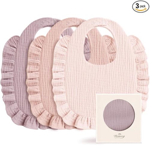 Konssy 3-Pack Muslin Baby Girl Bibs, 100% Cotton with Ruffle Trim