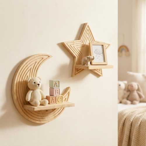 Crescent Moon Star Shelf Set · wooden nursery decor · celestial floating wall shelf · boho kids room