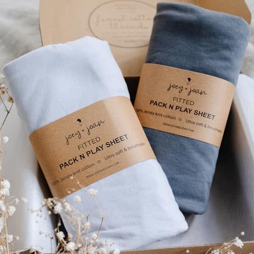 Pack and Play Sheets Fitted – Compatible with 4moms Breeze Plus Playard and Other Large Playpen Mattress – Snuggly Soft 100% Jersey Cotton – Light + Dark Grey – 2 Pack