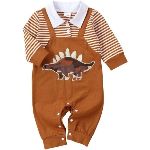 Baby Boy Clothes Fall Winter Outfits Infant Boys Long Sleeve Stripe Button Collared Romper Cartoon Clothing Set