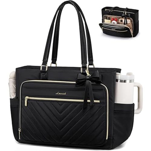 LOVEVOOK Laptop Tote Bag for Women, Work Bag Teacher Tote with Large Cup Holder, Quilted Nurse Diaper Bag for Travel, Computer Women's handbags for Teacher gift, Black, 17.3 Inch