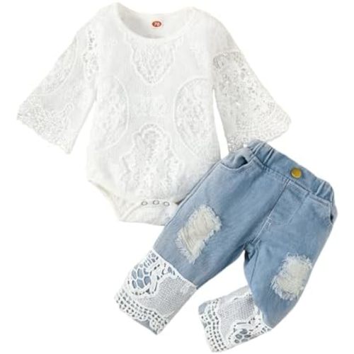 Newborn Baby Girl Clothes Infant Girl Lace Romper Ripped Jeans Clothing Set