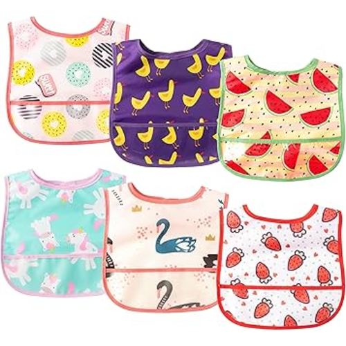 6Pcs Baby Feeding Bibs with Crumb Catcher Pocket Adjustable Waterproof Sleeveless Teething Bib Set Toddler Infant Keepsake Gift for Baby Shower, 6-24 Months