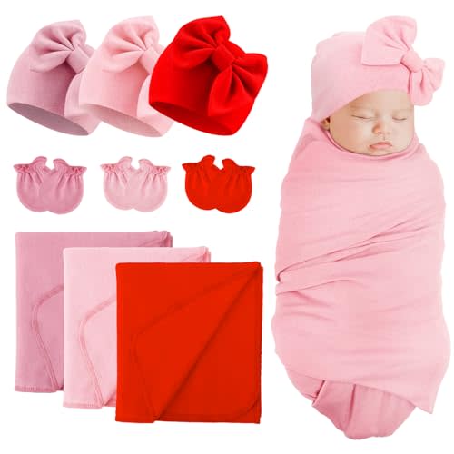 DRESHOW BQUBO Newborn Receiving Blankets Cotton Warm Sleepsack with Mittens & Bow Hats Hospital Baby Swaddling Shower Gift