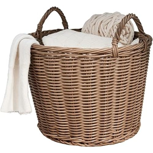 Joseph Round Cone Woven Resin Wicker Basket with Handles (16" x 16" x 10.5" - Chocolate Brown) - Perfect for Halloween, Thanksgiving, and Everyday Storage
