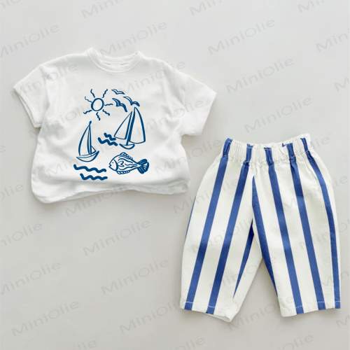 Baby Sailboat Print Blue Vertical Striped 2-piece Set