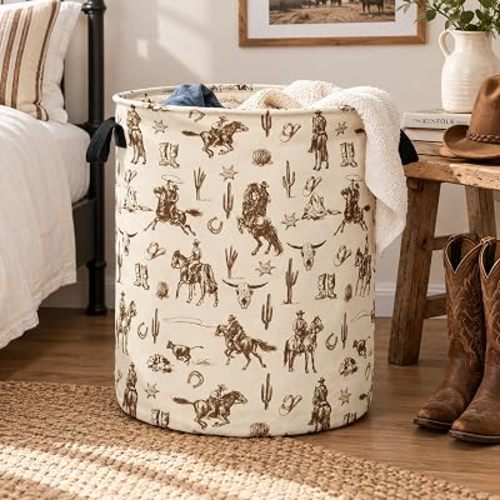 JarThenaAMCS Western Cowboy Laundry Basket Clothes Hamper 18.9 x 16.5 Inch Brown Wild West Rodeo Foldable Fabric Storage Bin with Handles for Bathroom Bedroom Dorm Organizer