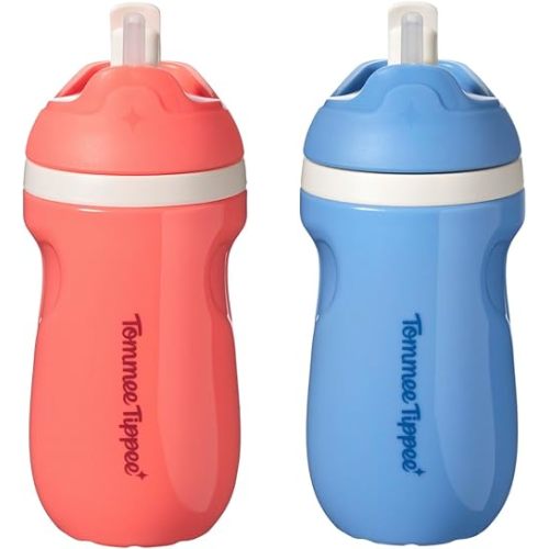 Tommee Tippee Insulated Sporty Spill-Proof Straw Cup, 12 Months+, 9oz, Toddler Training Sippy Cup, Sporty Carry Handle, Bite Resistant Spout, Flip Lid Keeps Straw Clean, Pack of 2, Blue and Red