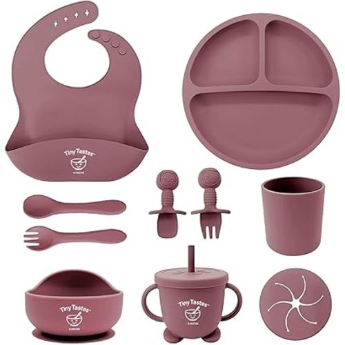 10-Piece Silicone Baby Feeding Set – BPA-Free, Spill-Proof Suction Plate, Bowl, Bib, Snack Cup & Utensils | Dishwasher Safe, Baby Gift Ready (Dark Pink)