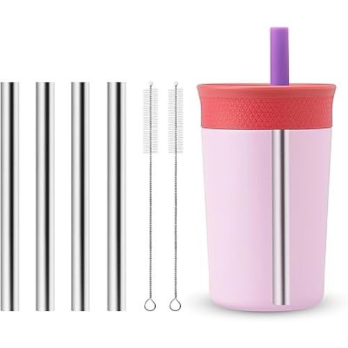 Metal Straw Replacement Compatible With Owala Kids Tumbler Cup 12oz & 15oz, Stainless Steel Straws for Owala Kids Water Bottle Accessories, With 2 Straw Cleaner, Reusable - 4Pcs