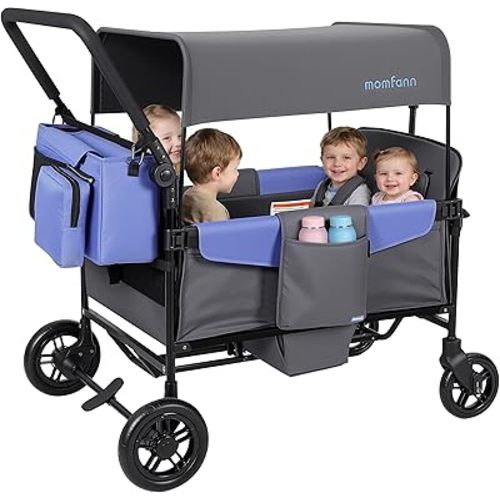 MOMFANN Wagon Stroller for 4 Kids, All-Terrain 4-Seater Folding Wagon with 5-Point Harness, Adjustable Push-Pull Handle, Removable Canopy, Oversized Storage Organizer, Compact Fold - Grey