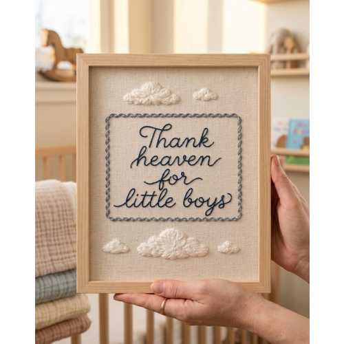 Thank Heaven for Little Boys Hand Embroidery Frame, Baby Girl Nursery Decor, Vintage Nursery Quote, Embroidered Cloud Wall Art
