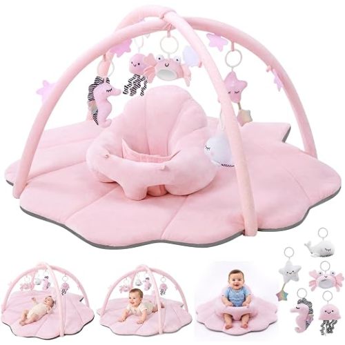 Baby Play Mat & Seat, Tummy Time Mat with 6 Detachable Activity Toys, Baby Gym Playmat & Chair for Babies 0-6-12 Months, Baby Essentials Mat for Floor Newborn Baby Gift(Light Pink)