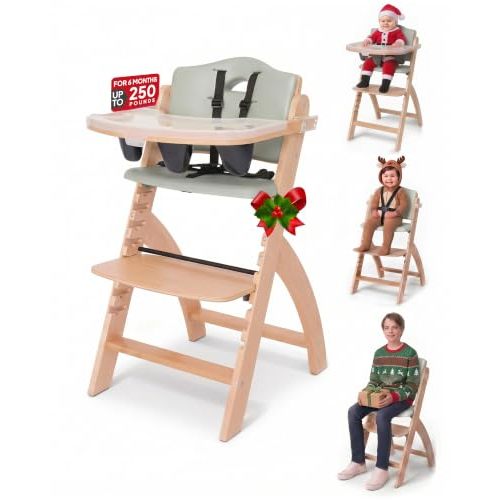 Abiie Beyond Junior Convertible Wooden High Chair with Removable Tray | Adjustable Highchair for Babies & Toddlers, Grow With Me, 6 Months to 250 lbs, Water Resistant, Natural Wood w/ Grey Cushion