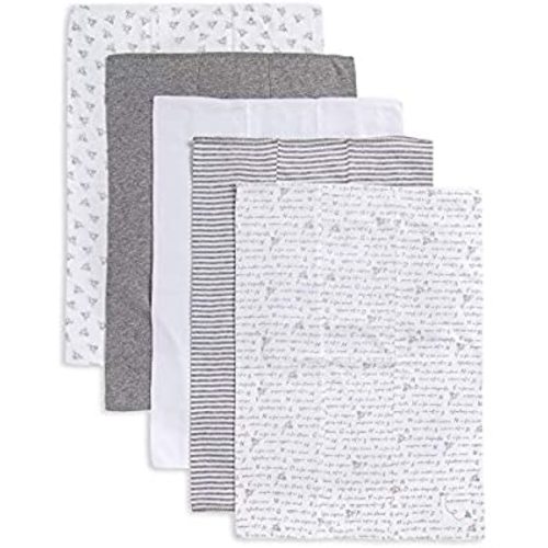 Burt's Bees Baby - 5 Pack of Burp Cloths, 100% Organic Cotton (1 Cloud, 1 Solid Color, 1 Honey Bee Print, 1 Stripe, 1 Alphabet Bee Print, Heather Grey)