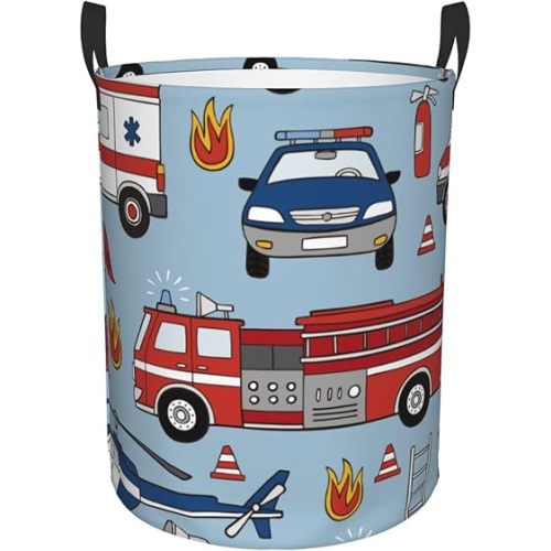 Police Car Fire Truck Car Laundry Basket Hamper Dirty Clothes Hamper For Laundry Waterproof Laundry Baskets with Handles Storage Basket for Toys Clothes Organizer Bedroom Decor, Medium