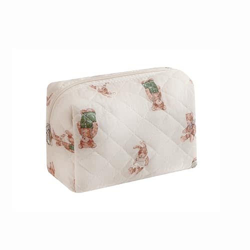 Cute Small Makeup Bag,Quilted Floral Cotton Cosmetic Pencil Pouch, Quilted Flowers Pencil Case with Zipper, Kawaii Travel Toiletry Bags for Purse(13White Bear)