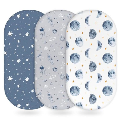 Baby Bassinet Sheets Girl Boy, Fitted Bassinet Sheet Set 3 Pack Bassinet Mattress Sheets Universal Fit for Rectangle, Round, Oval, Hourglass Mattress, Soft Breathable Grey & Blue Moon