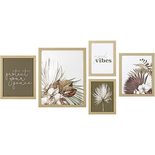 ArtbyHannah Gallery Wall Frame Set, 5 Piece Neutral Picture Frames Collage Set with Art Prints for Stairway Living Room Wall Decor, Multi-Size 11''x14'' 8''x10'' 6''x8''