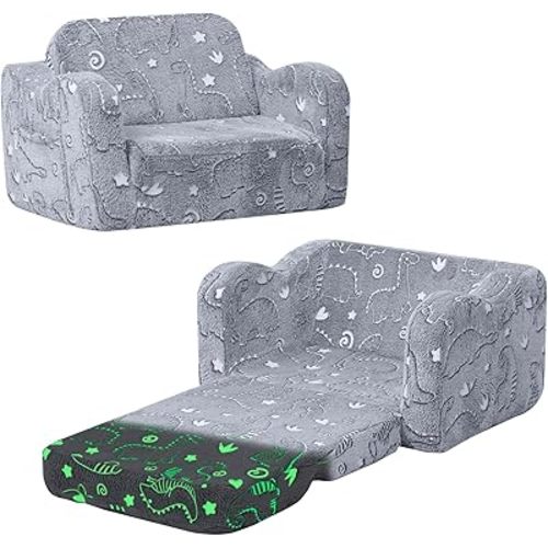 MeMoreCool Glow in the Dark Dinosaur Kids Couch, Comfy Fold Out Sofa, Gray