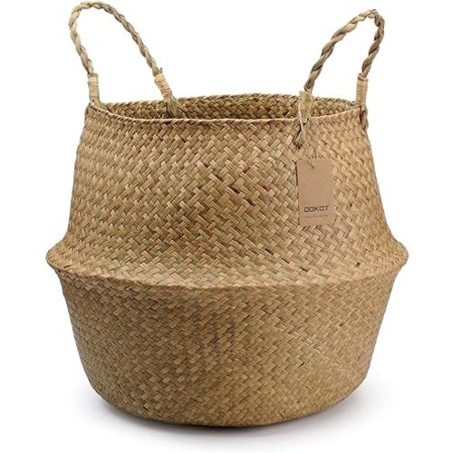 XXXL Seagrass Basket with Handles, Wicker Woven Storage Basket (14.1“ Diameter x 13.8" Height), Natural)