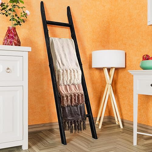 Decorative Wooden Blanket Ladder for the Living Room and Bedroom, 5ft 8 inch, Pine Wood Quilt Ladder, 6-Tier Wall Leaning Blanket Rack Stand, Farmhouse blanket ladder for Home Décor N Display. (Black)